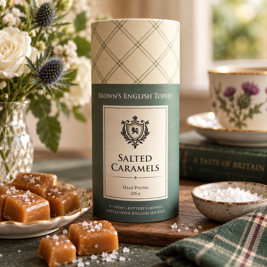 A tin of Brown's English Toffee Salted Caramels stands on a wooden table in a styled kitchen or tea-room setting, with caramel pieces, coarse salt, flowers, a teacup, and a book in the background.