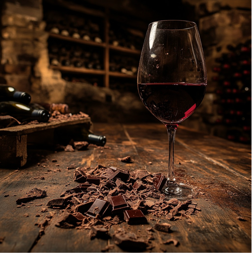 Image of a glass of red wine with chopped chocolate next to it on the table