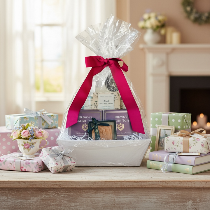 Handmade gift basket with English toffee, Scottish tablet, and small batch sweets wrapped with ribbon for a thoughtful gift