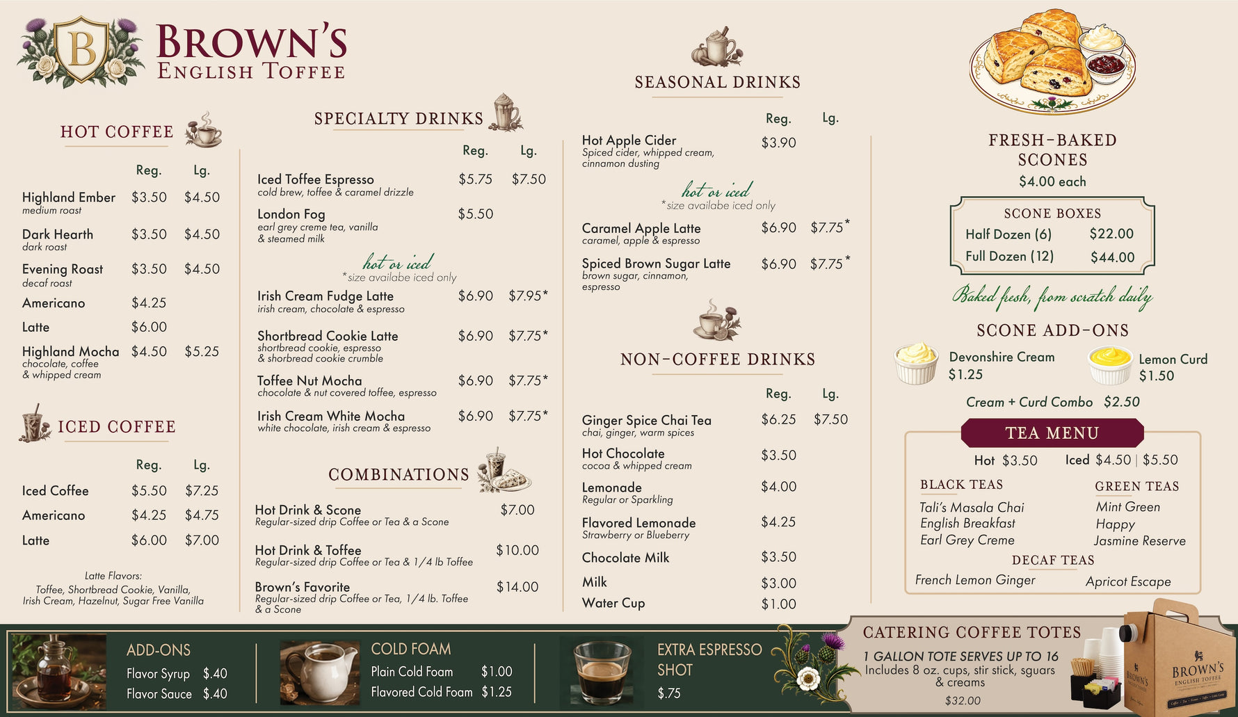 A menu for Brown's English Toffee, featuring sections for hot coffee, specialty drinks, seasonal drinks, fresh-baked scones, and catering coffee totes, with illustrations of coffee cups, cakes, and a brown logo at the top left.