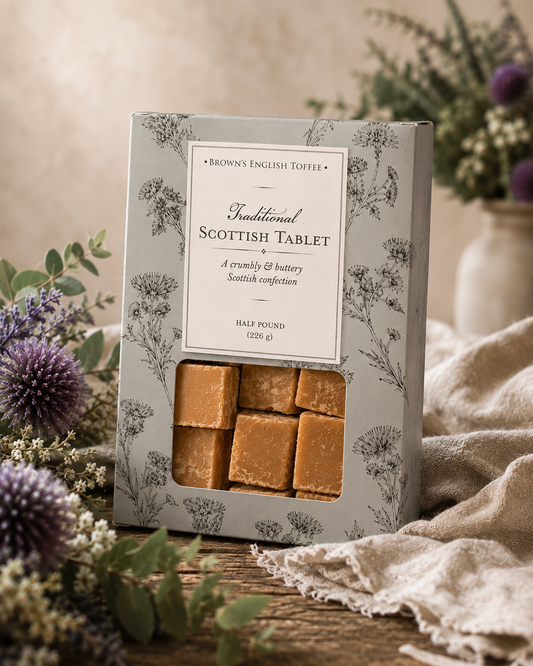 A half-pound box of Brown's English Toffee's Traditional Scottish Tablet confectionery, displayed on a rustic wooden table with a beige linen cloth and decorative purple flowers in the background.