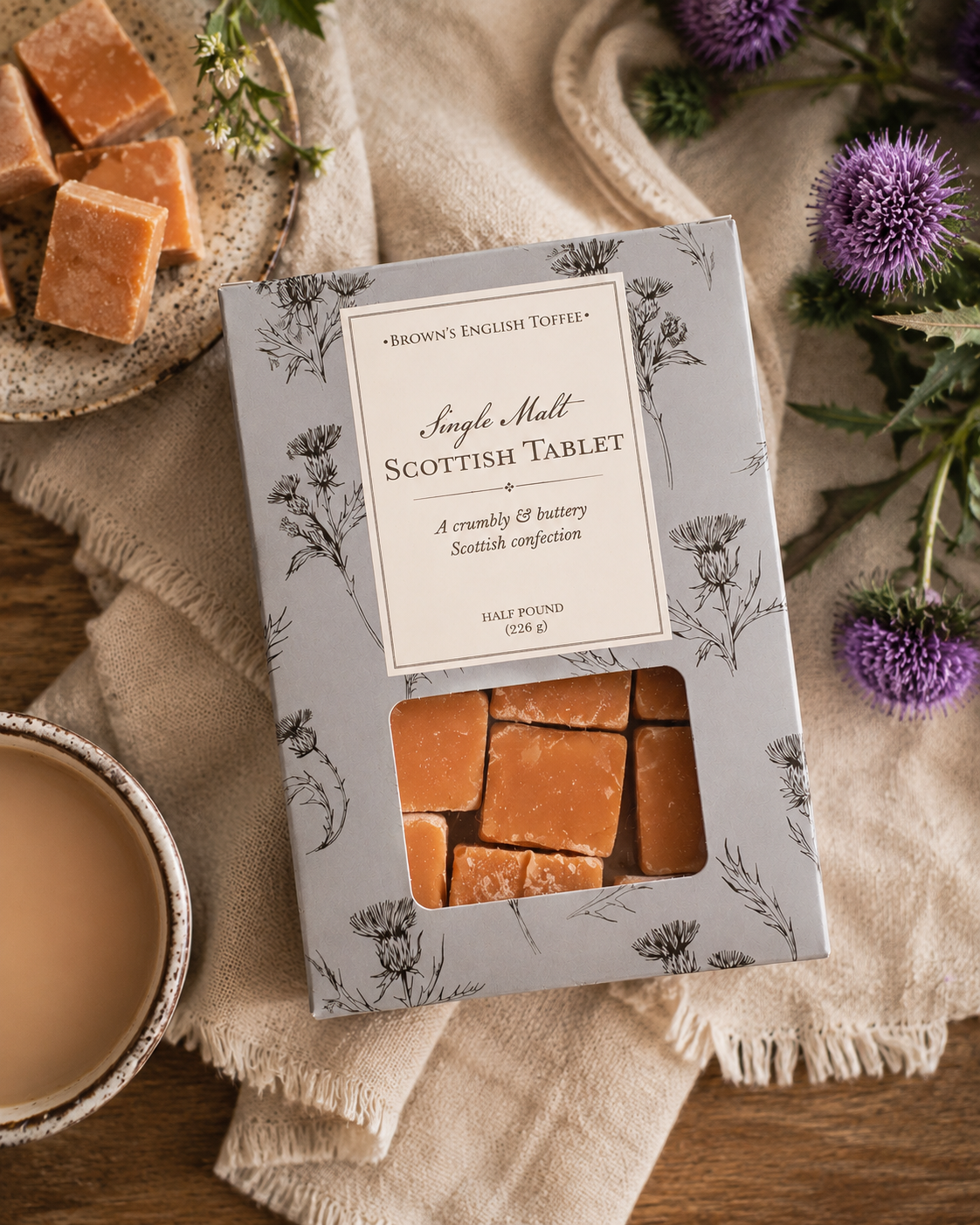 A boxed pack of Brown's English Toffee Single Malt Scottish Tablet confectionery, styled on a rustic wooden table with a cup of tea, dried flowers, and a plate of loose taffy pieces.