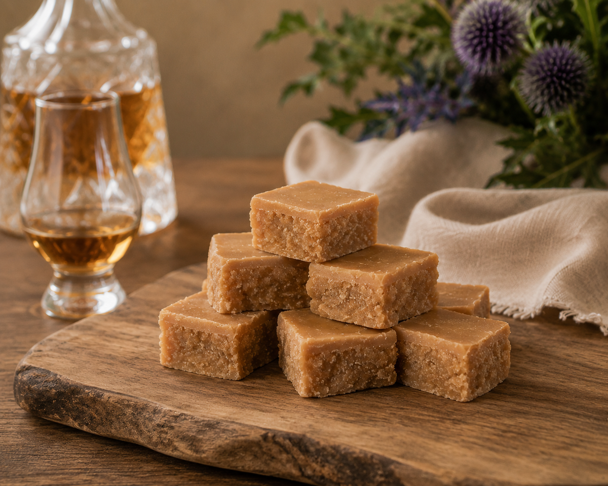 A stack of scottish tablet squares arranged on a rustic wooden board, with a glass of amber liquor and a decanter blurred in the background alongside a beige cloth and purple flowers.