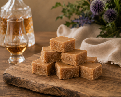 A stack of scottish tablet squares arranged on a rustic wooden board, with a glass of amber liquor and a decanter blurred in the background alongside a beige cloth and purple flowers.