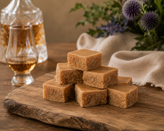 A stack of scottish tablet squares arranged on a rustic wooden board, with a glass of amber liquor and a decanter blurred in the background alongside a beige cloth and purple flowers.