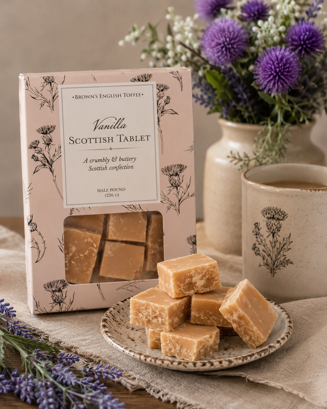 A box of Brown's English Toffee Vanilla Scottish Tablet confectionery, displayed next to a plate of golden-brown square tablet on a rustic table with a ceramic mug and purple flowers in the background.