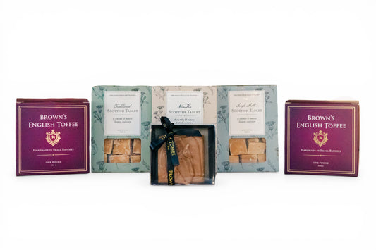 Handcrafted English toffee, Scottish tablet, and honey fudge arranged from Grand Signature candy basket
