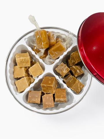 Celtic Candy Sampler – Handcrafted assortment of traditional Scottish Tablet, creamy Honey Fudge, bold Coffee Fudge, and buttery Salted Caramels. Made in small batches with premium ingredients and no corn syrup. Above view.