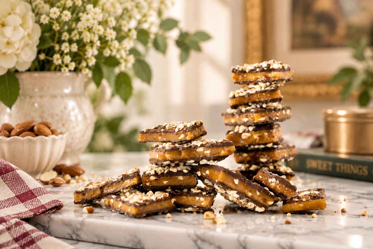 Stack of English Toffee with diced almonds, arranged on a marble surface in a styled kitchen setting with flowers, almonds, and a book in the background.