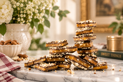 Stack of English Toffee with diced almonds, arranged on a marble surface in a styled kitchen setting with flowers, almonds, and a book in the background.