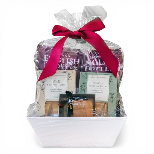 Brown’s Signature candy gift basket with English toffee, Scottish tablet, and honey fudge