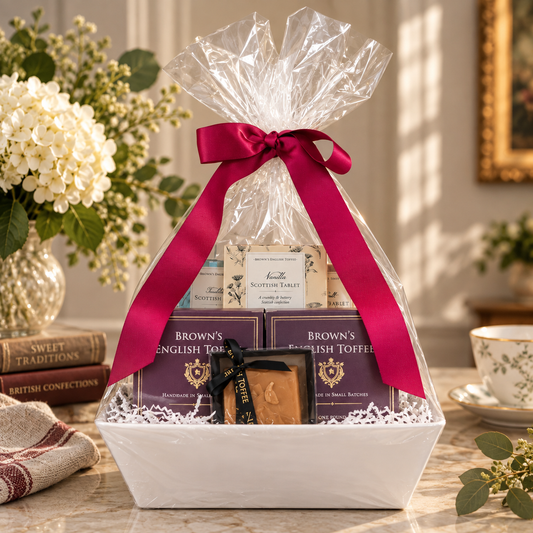 A gift basket filled with assorted British confectionery items, wrapped in clear cellophane and tied with a deep pink ribbon, displayed on a tabletop with flowers and a teacup in the background.