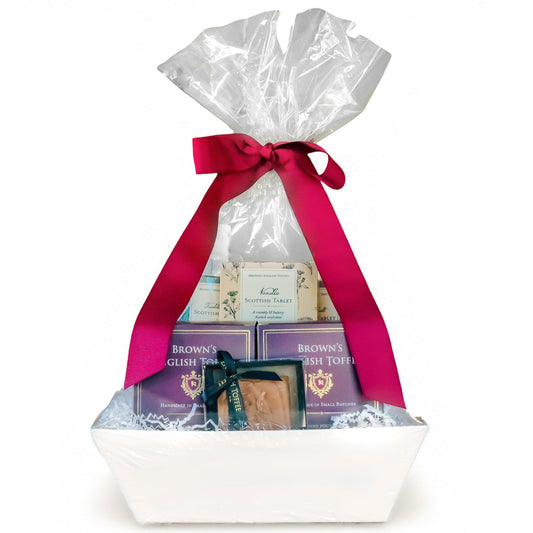 Grand Signature gift basket featuring handcrafted English toffee, Scottish tablet, and honey fudge