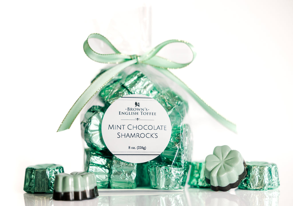 Mint Chocolate Shamrocks – Limited edition St. Patrick’s Day treat featuring smooth mint chocolate layered over rich dark chocolate. Handcrafted, small-batch festive candy.