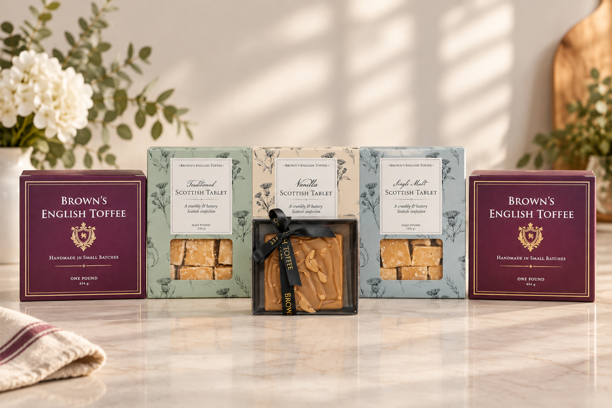 Boxes of Scottish Tablet confectionery arranged on a marble surface in a bright, softly lit interior. Two deep burgundy boxes labeled Brown's English Toffee stand on the outer sides, flanking two pastel-colored boxes of Scottish Tablet, with one central clear gift box containing golden-brown tablets tied with a black ribbon.