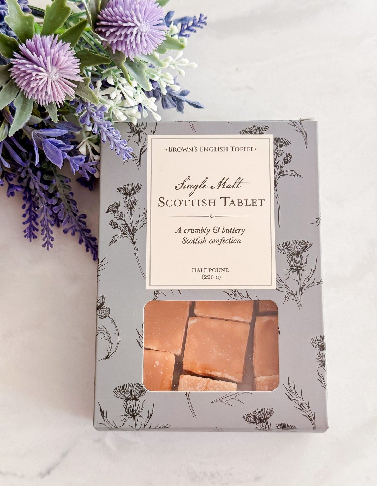 Celtic candy gift box featuring handmade Scottish tablet flavored with Single Malt Scotch