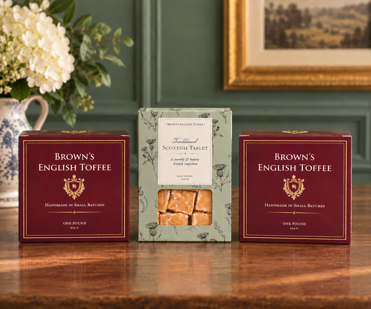 A box of Traditional Scottish Tablet and two boxes of handmade English Toffee on a table