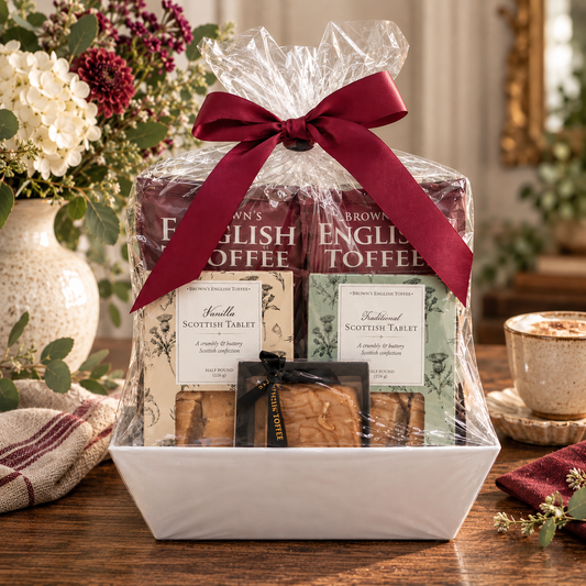 A gift basket of English Toffee, Honey Fudge and Scottish Tablet by Brown's English Toffee, wrapped in clear cellophane with a large dark red ribbon, displayed on a wooden table with a coffee cup and flowers in the background.