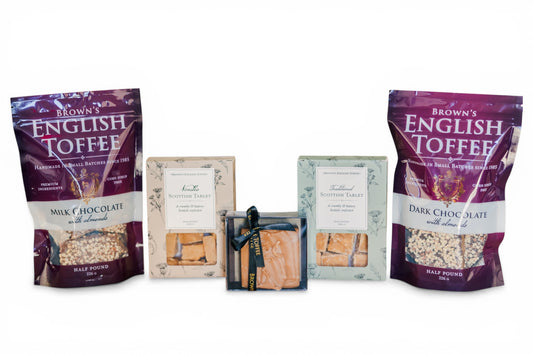 Assortment of English toffee, Scottish tablet, and honey fudge included in Brown’s Signature Basket