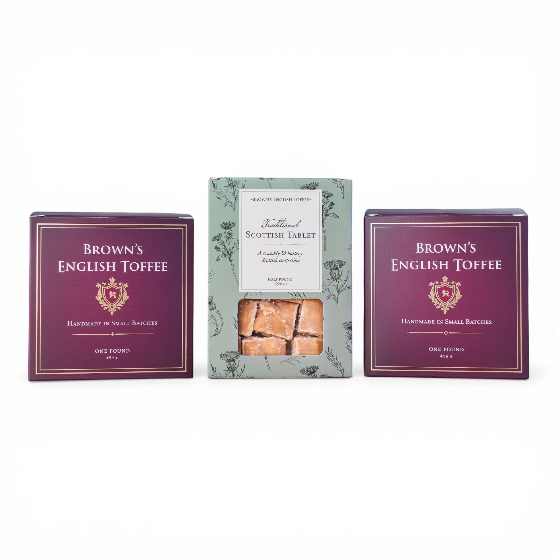 Toffee and tablet trio bundle with milk chocolate almond toffee, dark chocolate almond toffee, and Scottish tablet