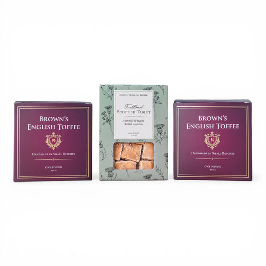 Toffee and tablet trio bundle with milk chocolate almond toffee, dark chocolate almond toffee, and Scottish tablet
