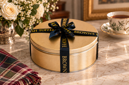 A round gold-toned Brown's Toffee tin tied with a black ribbon printed with the brand name, set on a marble surface with a floral arrangement and a teacup in the background.