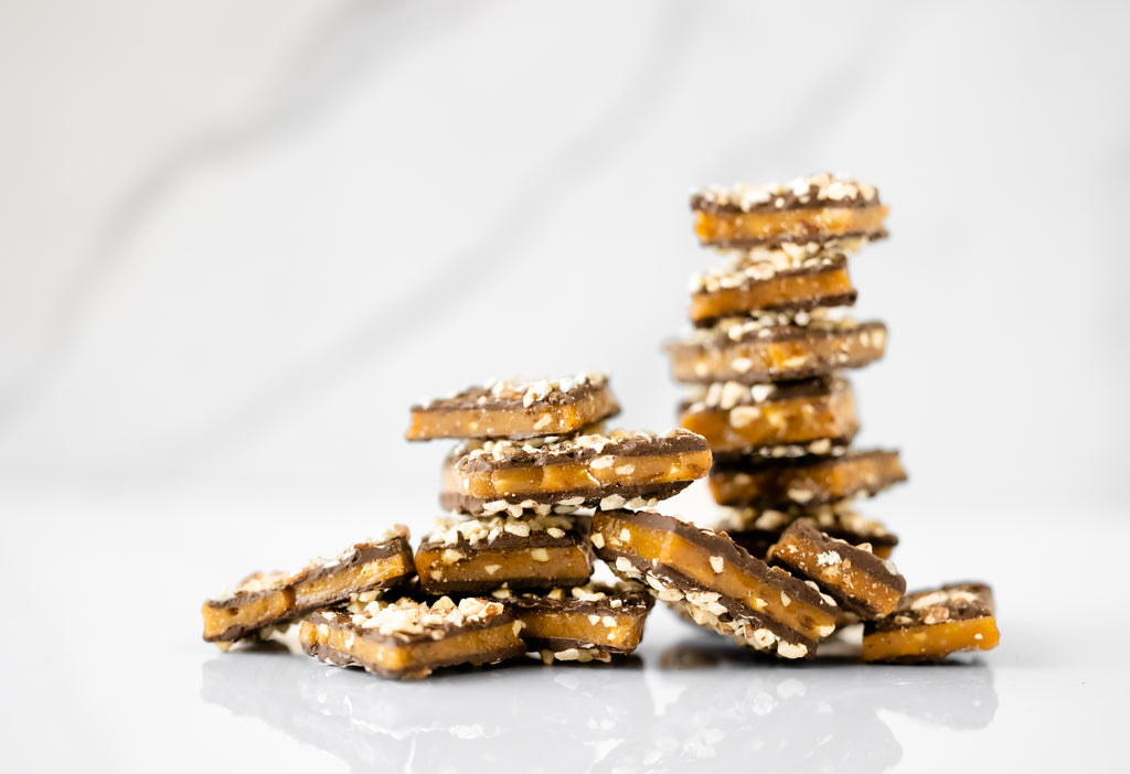 Buttery English Toffee Treats Coated with Dark Chocolate and Almonds| Brown's English Toffee