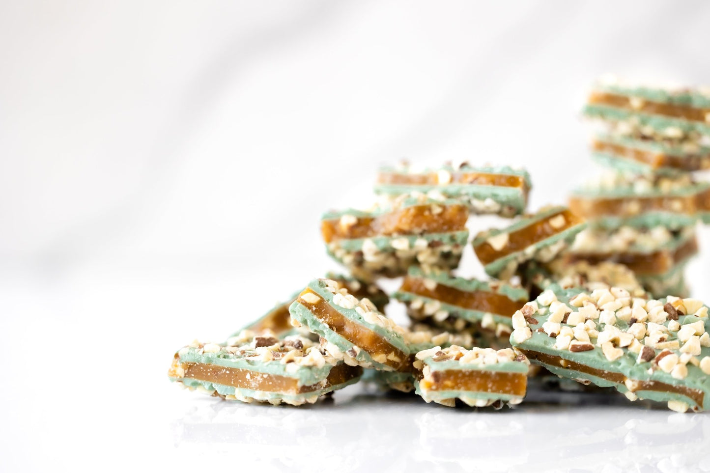 Handmade English toffee with almonds coated in mint chocolate, gluten free small batch candy