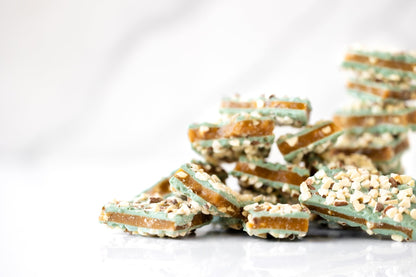 Handmade English toffee with almonds coated in mint chocolate, gluten free small batch candy